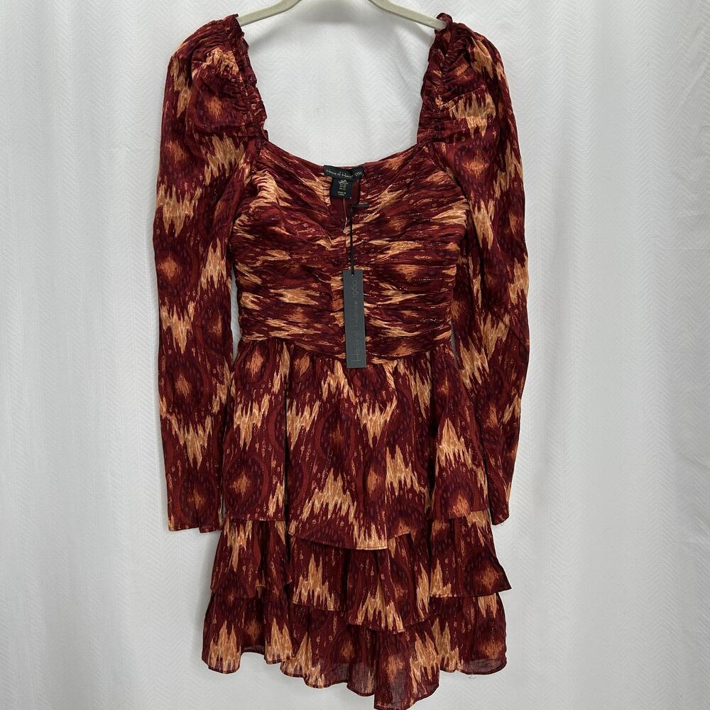 House of Harlow Naiya brown metallic dress mini puff long sleeves boho western